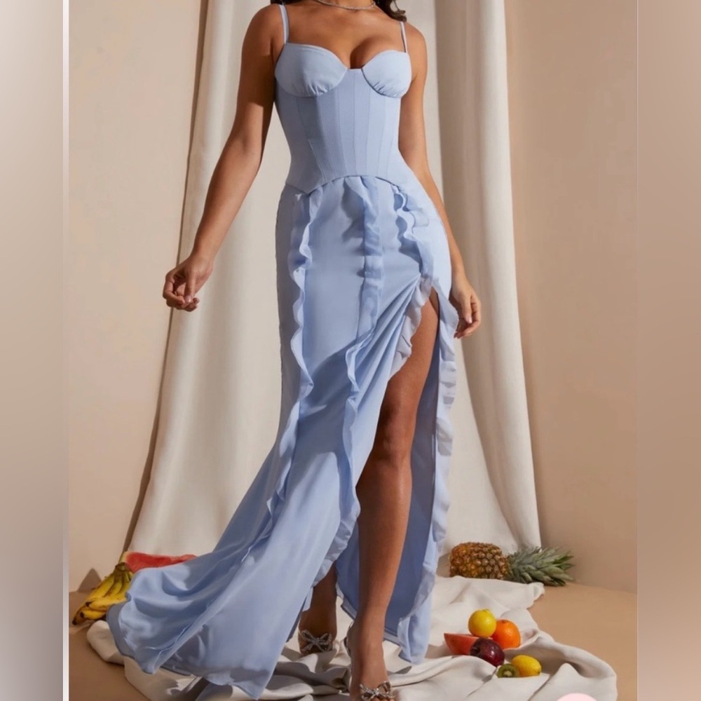 Oh Polly Light Blue Corset Maxi Dress with Ruffle Slit